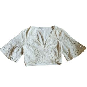 Showpo Cream Crochet Cropped Blouse with Bell Sleeves - Size 8